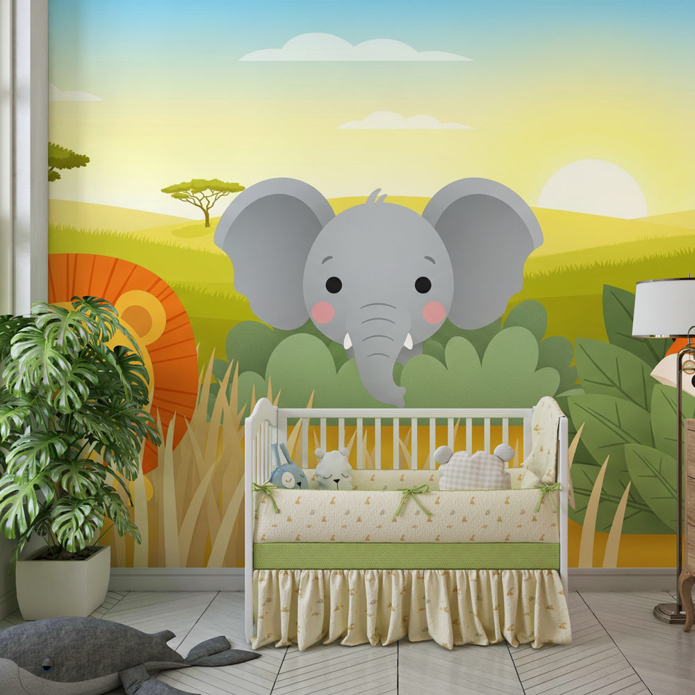 Safari animal wallpaper creating educational and playful atmosphere in kids playroom setting
