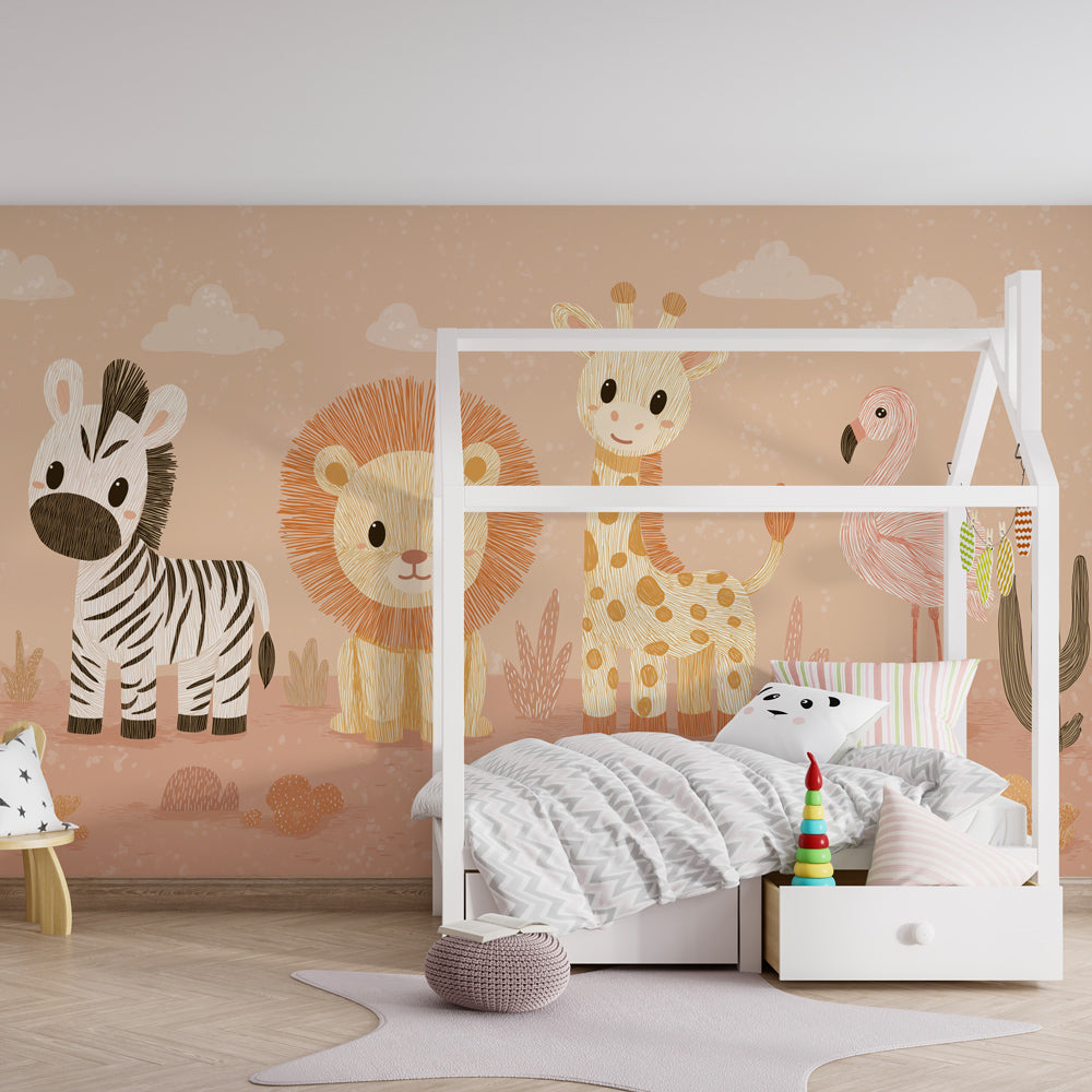 African safari themed mural wallpaper transforming kids playroom with friendly animal characters