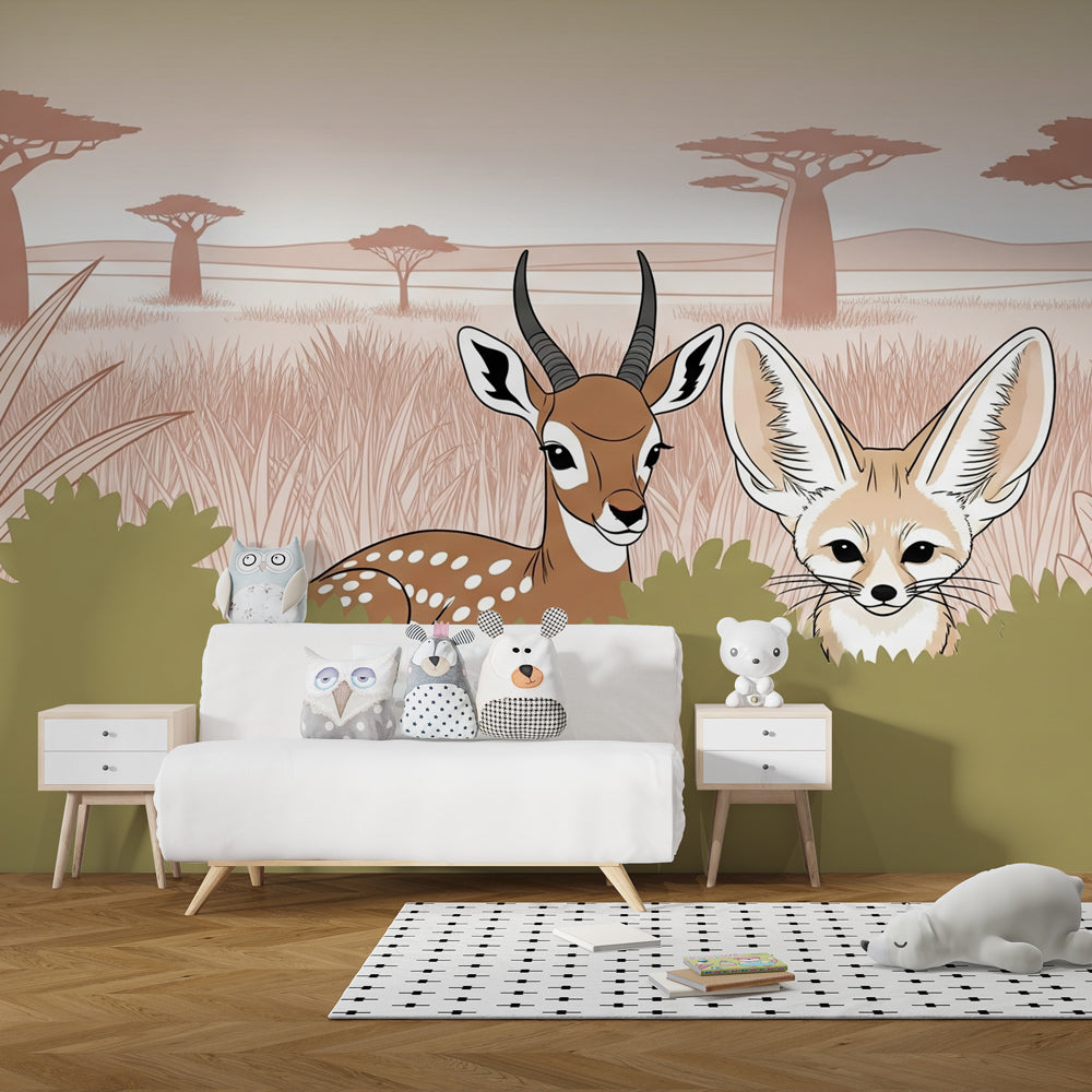 Children's safari wallpaper with deer and fennec fox creating educational playroom environment