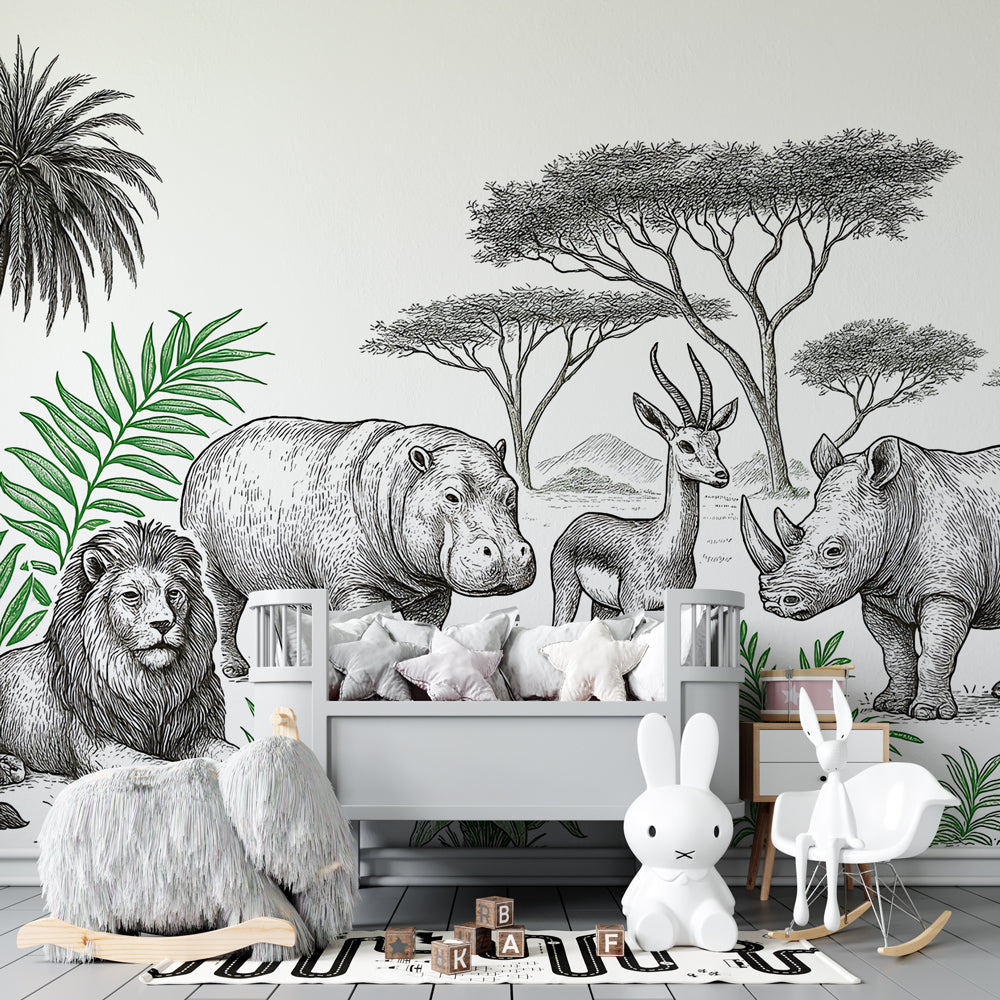 Safari theme mural wallpaper transforming kids playroom with lions and tropical foliage
