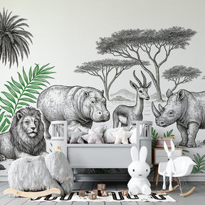 Safari theme mural wallpaper transforming kids playroom with lions and tropical foliage