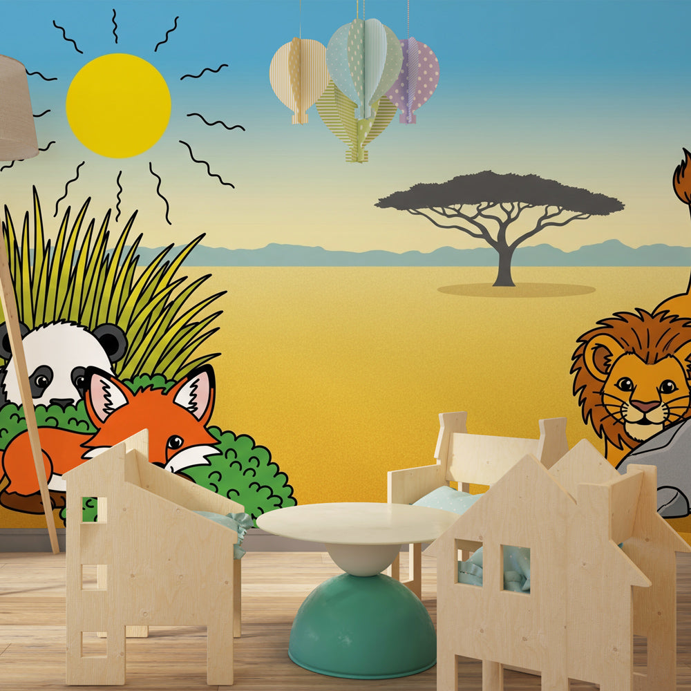 Safari adventure wallpaper in children's playroom featuring African animals and desert landscape by Kids-Mundo