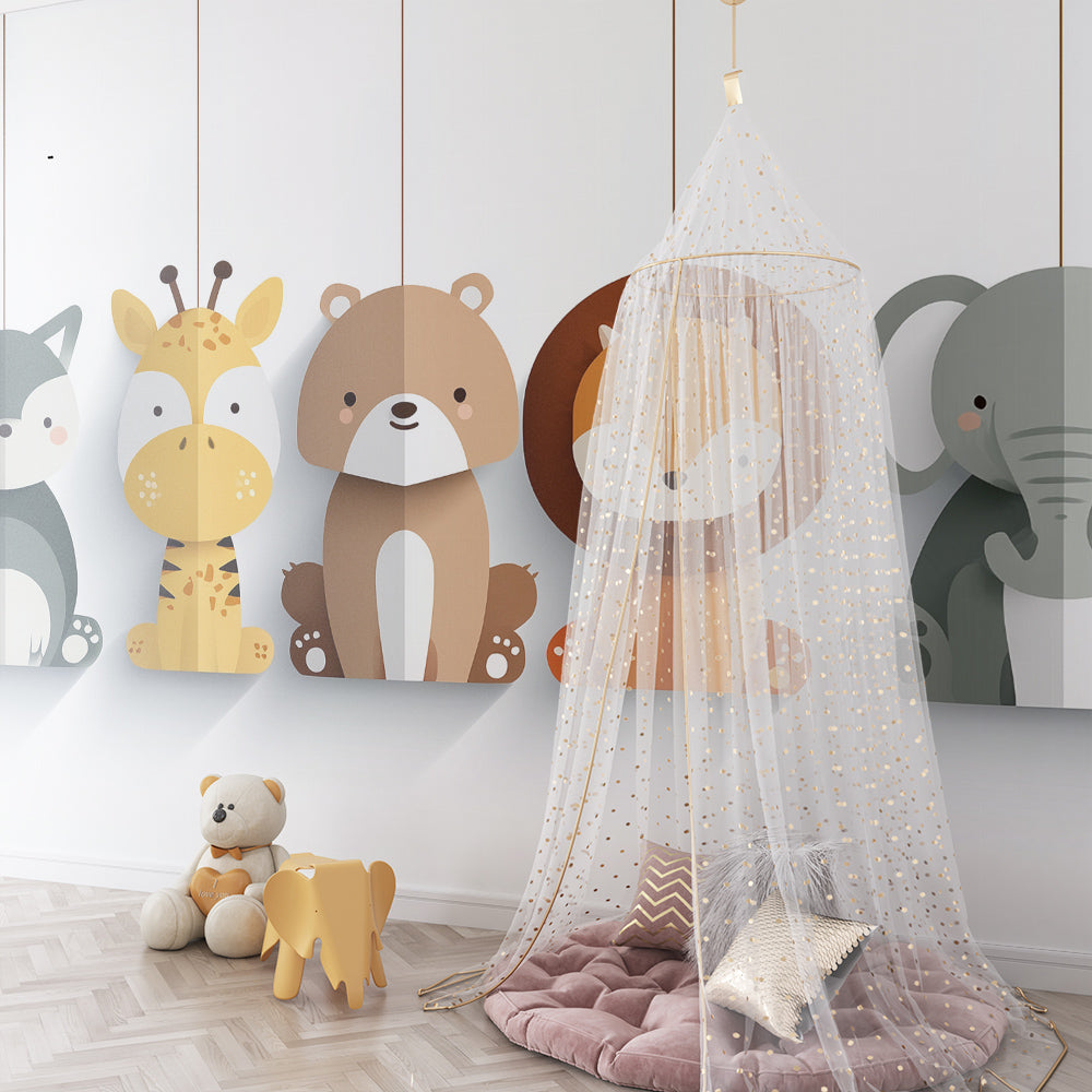 Safari mobile animals mural wallpaper installed in bright kids playroom interior