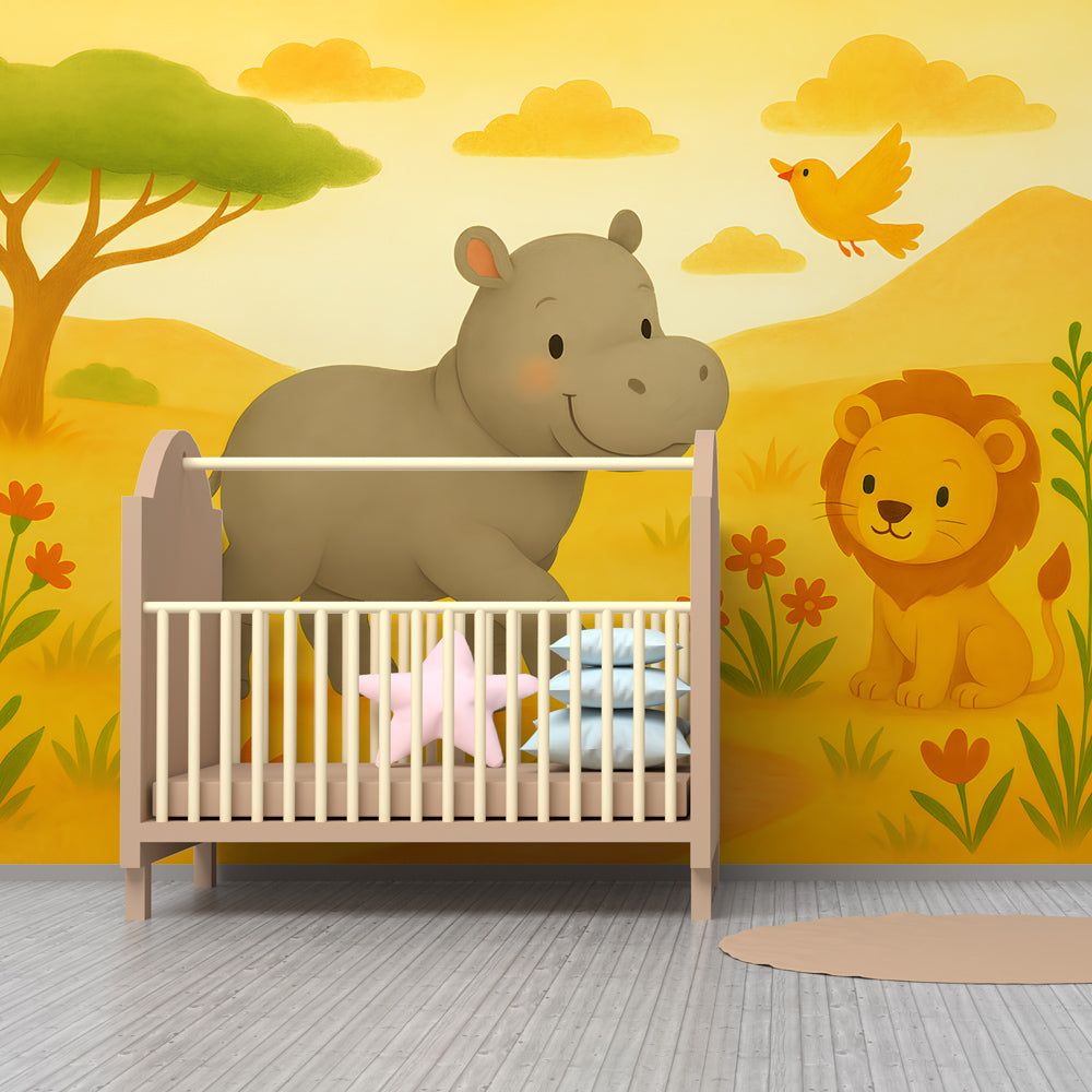 Hippo and lion wallpaper creating educational safari theme in modern kids playroom