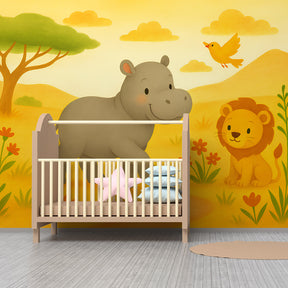 Hippo and lion wallpaper creating educational safari theme in modern kids playroom