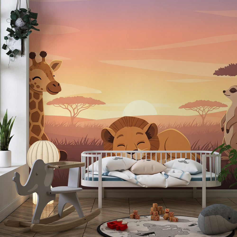 African safari mural wallpaper transforming kids playroom into wildlife adventure space