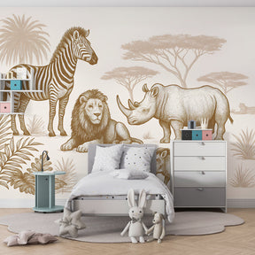 Sepia savanna mural wallpaper creating peaceful African-themed nursery decor with natural furniture
