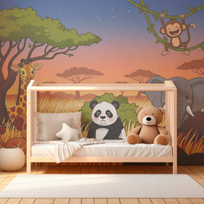 Wildlife mural wallpaper showing savanna animals under golden sunset for kids room by Kids-Mundo