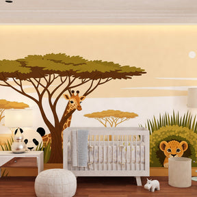 Colorful safari wallpaper creating peaceful toddler bedroom with gentle animal characters