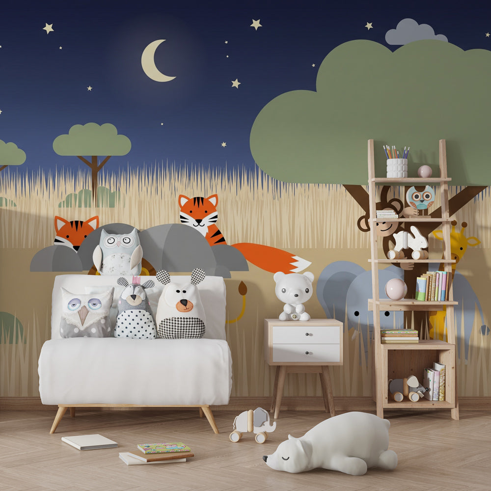 Adorable safari animals wallpaper featuring lion, elephant, and tigers in cozy toddler room