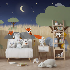 Adorable safari animals wallpaper featuring lion, elephant, and tigers in cozy toddler room