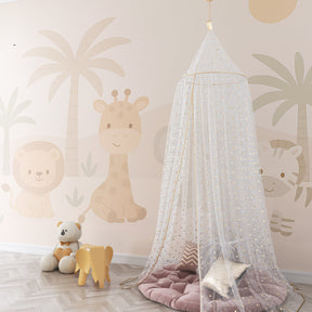 Gentle safari theme mural wallpaper for toddler room with lion, giraffe, elephant and zebra