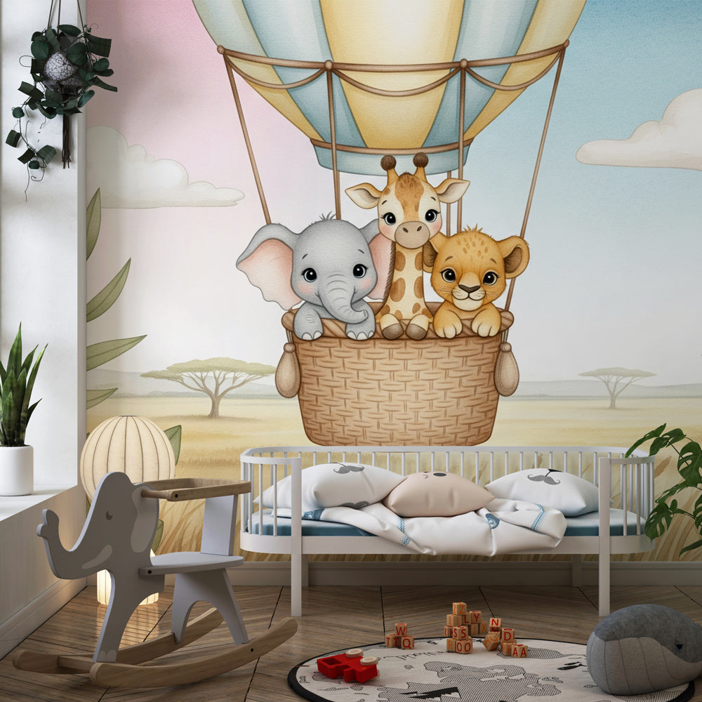 Safari animal wallpaper with balloon theme decorating modern toddler room
