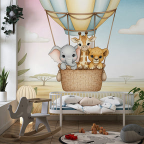 Safari animal wallpaper with balloon theme decorating modern toddler room