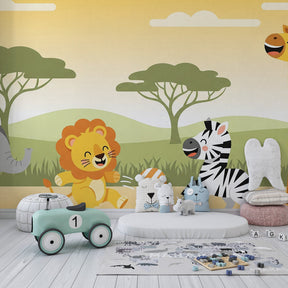 African safari themed mural wallpaper transforming toddler room into wildlife adventure space