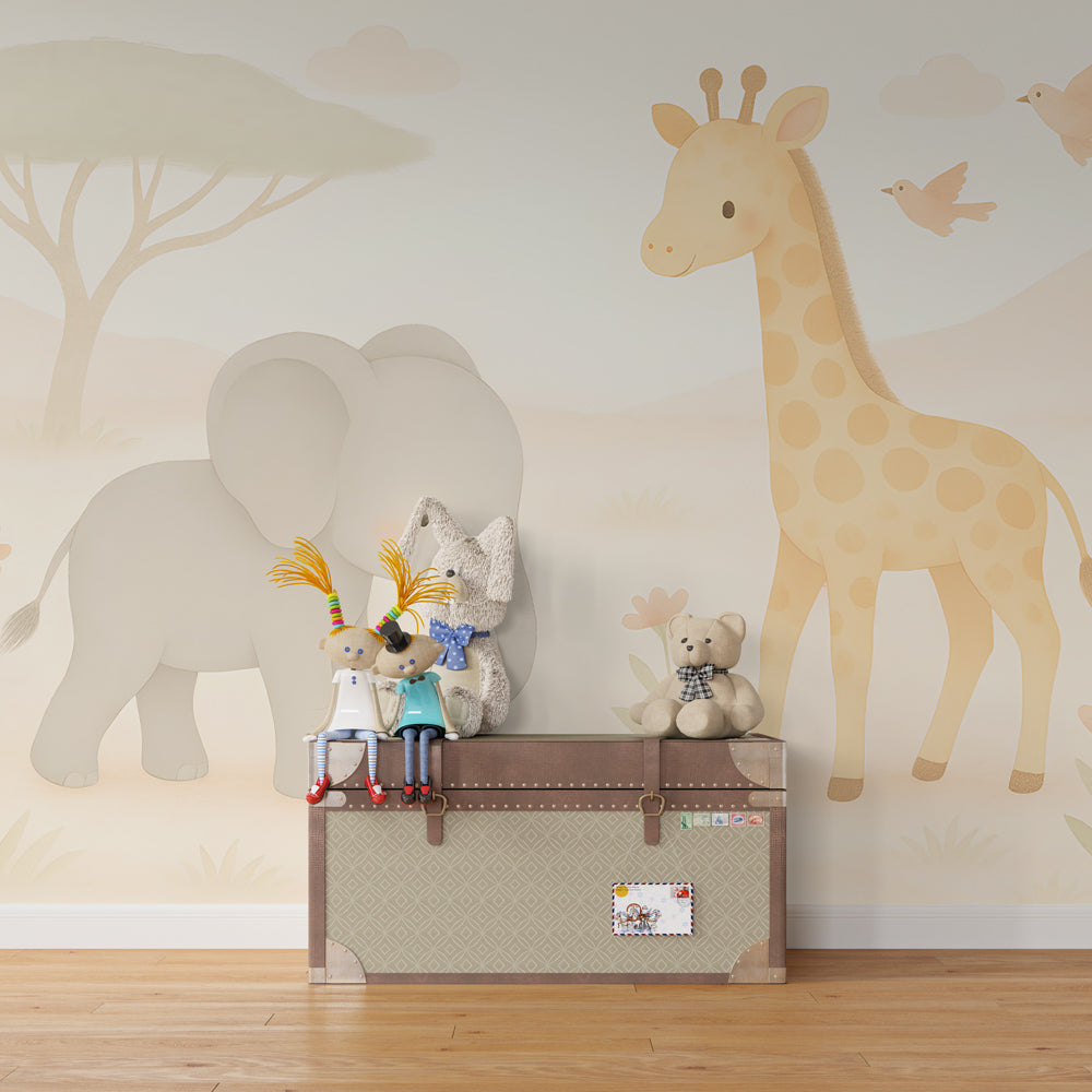 Safari themed mural wallpaper featuring gentle animals in calming toddler room setting