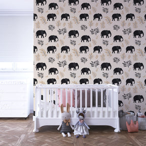 Elephant silhouette wallpaper with gentle foliage transforming children's bedroom into savanna adventure