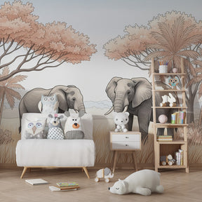 Elegant elephant wallpaper transforming kids bedroom with peaceful African savanna landscape