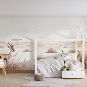 Elegant beige safari wallpaper with elephant and antelope in modern children's bedroom setting