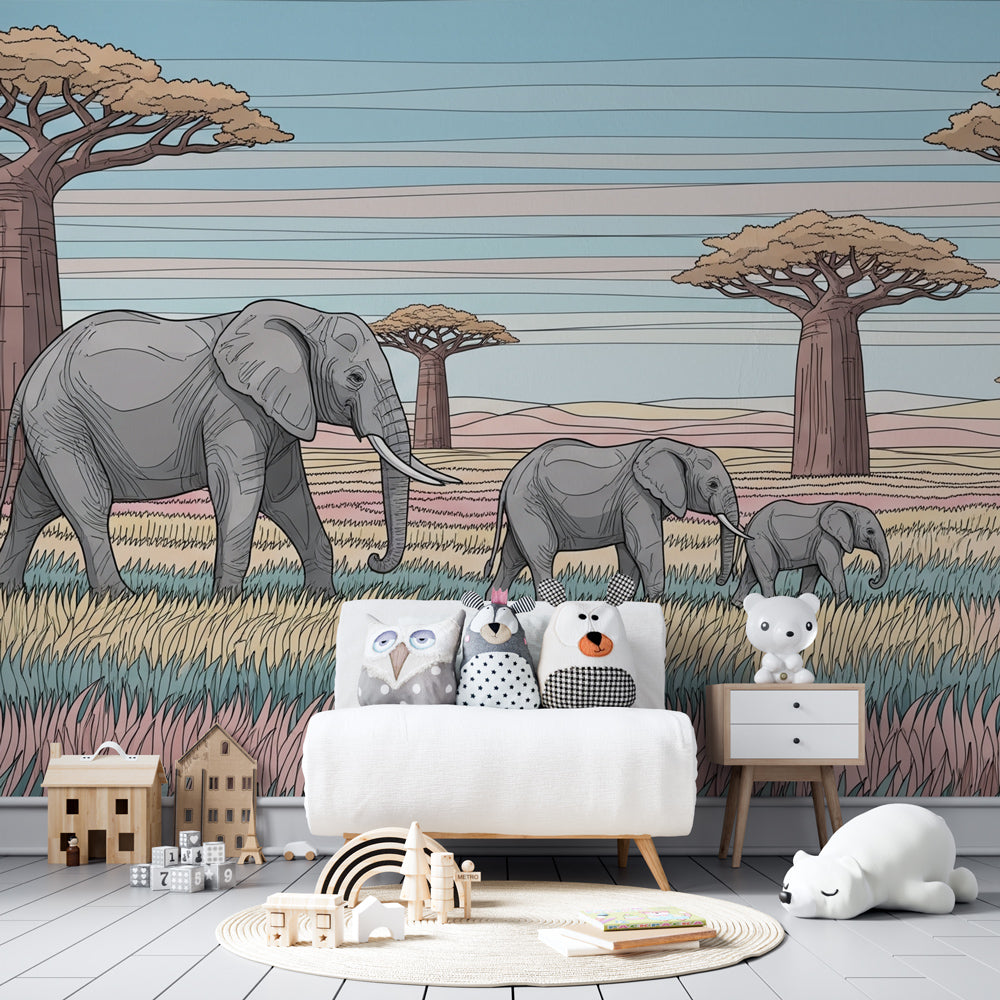African elephant wallpaper transforming children's bedroom with peaceful savanna scene