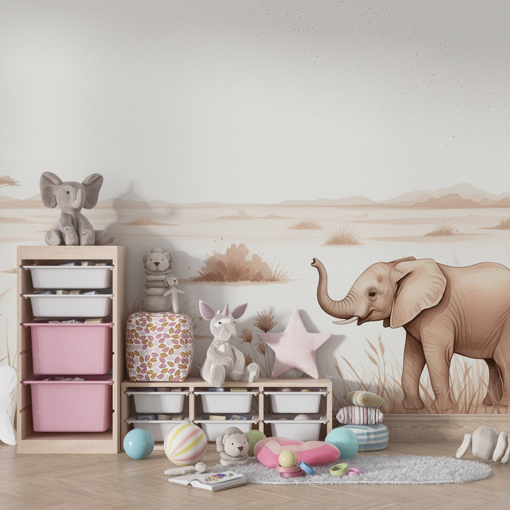 Safari animal mural wallpaper transforming kids room into peaceful savanna adventure space