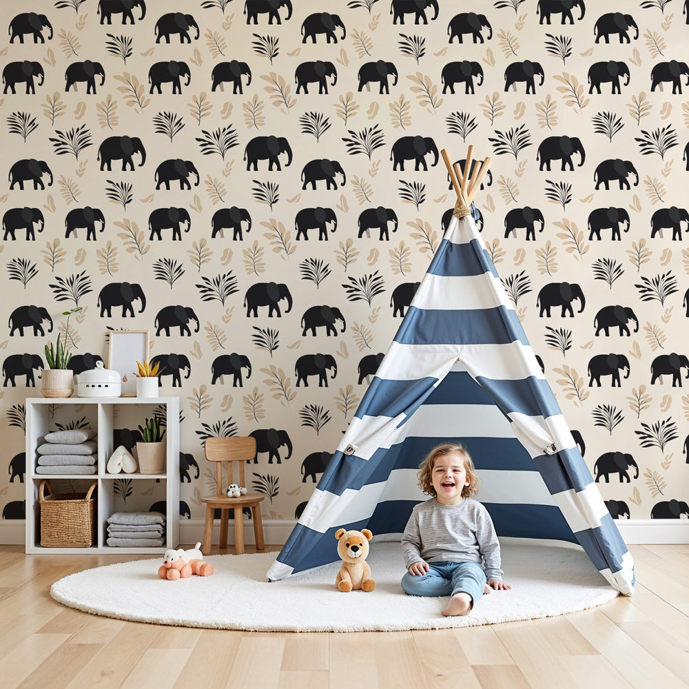 Safari elephant mural wallpaper creating peaceful wildlife atmosphere in modern kids nursery by Kids-Mundo
