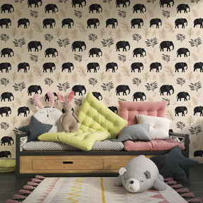 Educational animal mural wallpaper featuring elephants and botanical elements in bright kids playroom