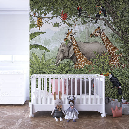 Kids-Mundo elephant and giraffe safari mural shown on a kids bedroom wall