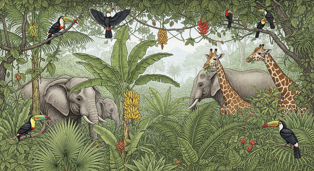 Elephants and Giraffes Safari Jungle Wall Mural