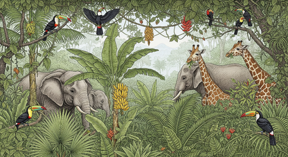 Kids-Mundo flat artwork of a safari mural with elephants, giraffes and flying toucans