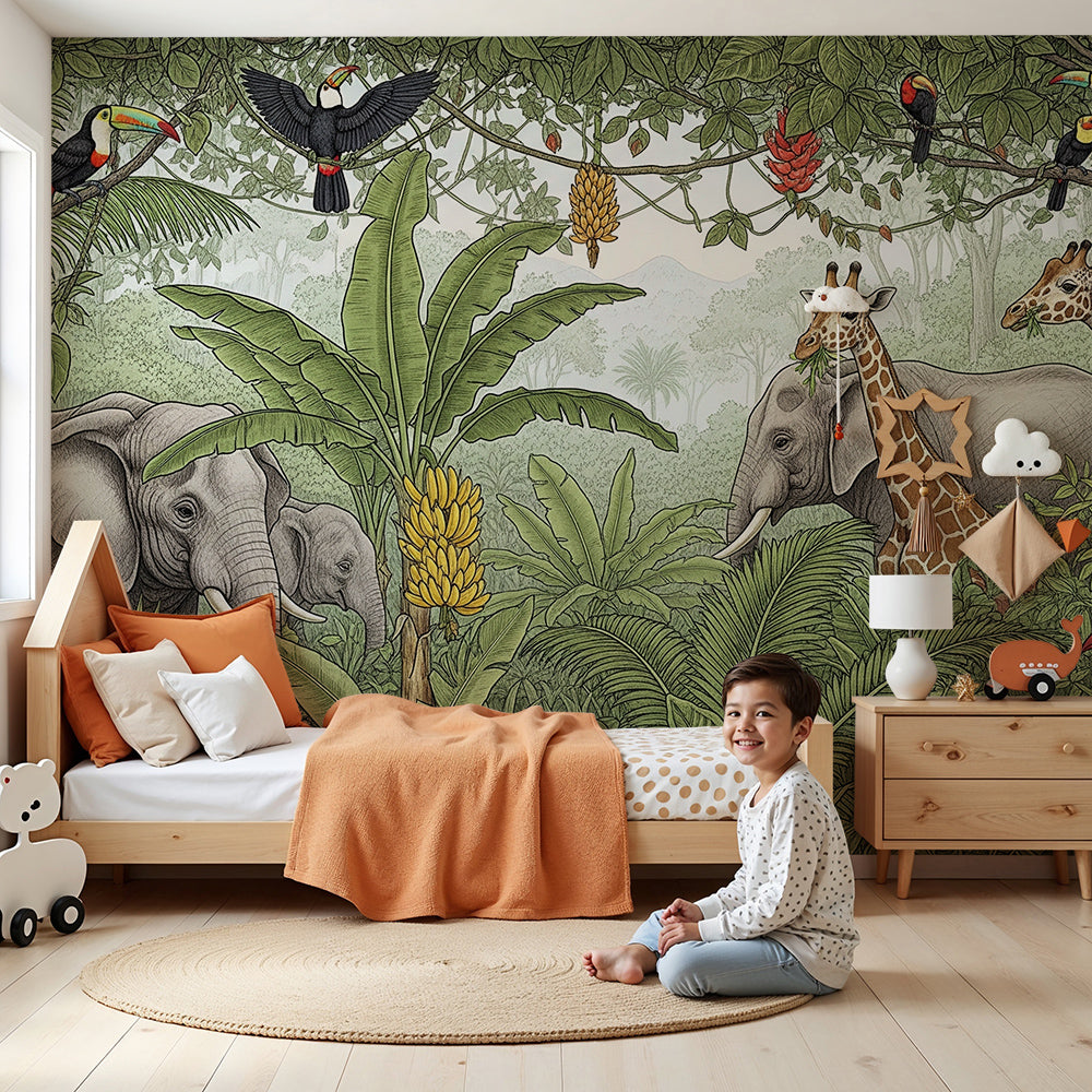 Kids-Mundo safari wall mural with elephants and giraffes in a soft nursery