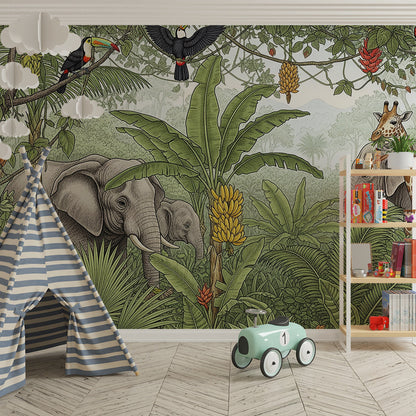 Kids-Mundo jungle safari wall mural with toucans and giraffes in a playroom