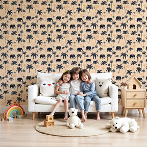 Safari elephants mural wallpaper creating tropical nursery decor with palm trees by Kids-Mundo