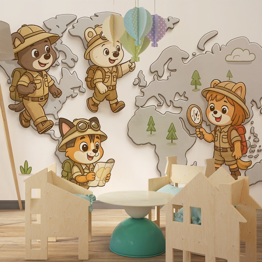 Explorer theme mural wallpaper with safari animals in bright children's playroom by Kids-Mundo