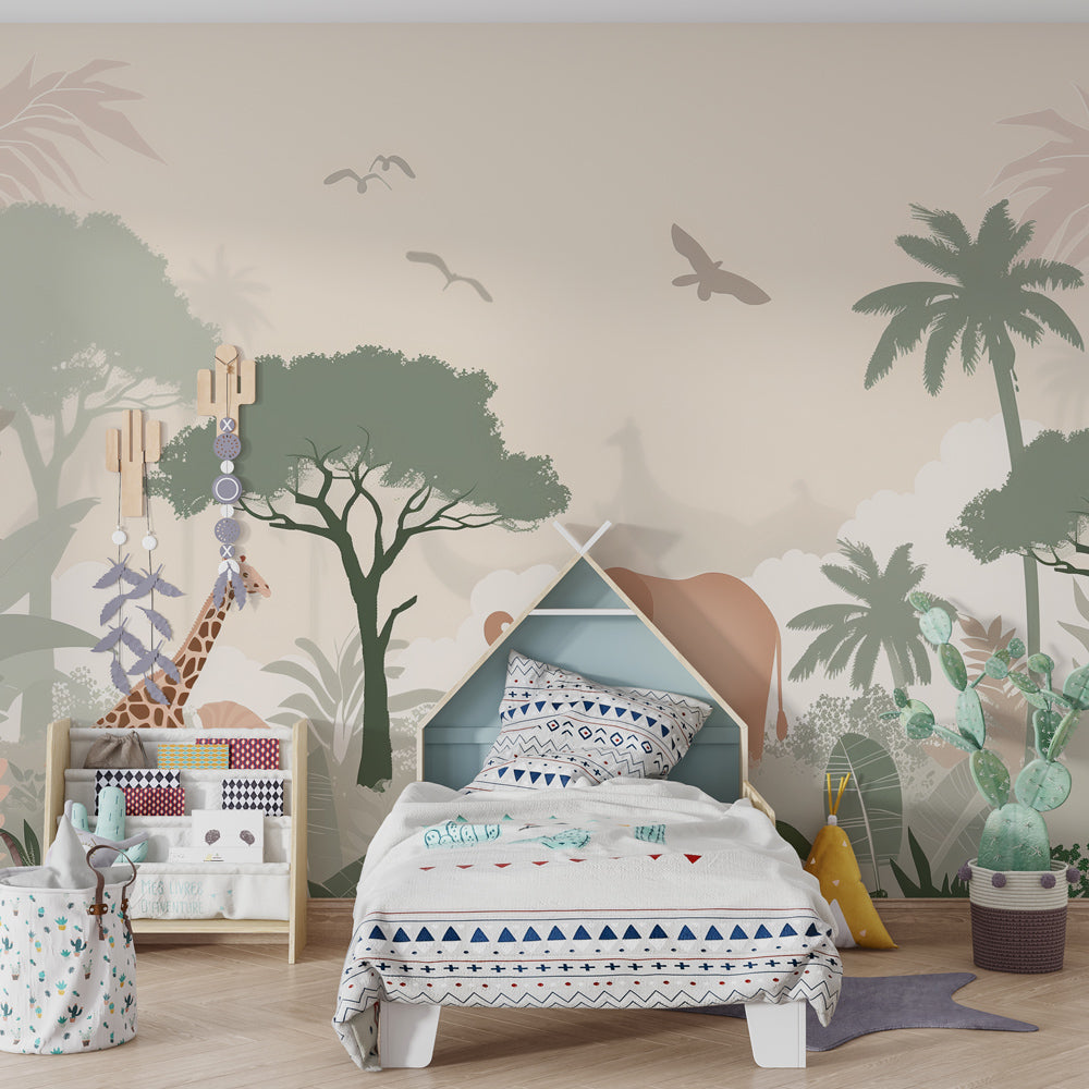 Kids-Mundo safari wall mural with giraffe and elephant covering a feature wall in a child's bedroom.