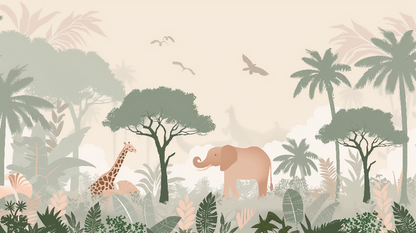 Flat artwork preview of the Kids-Mundo safari wall mural featuring a giraffe, elephant and palm trees.