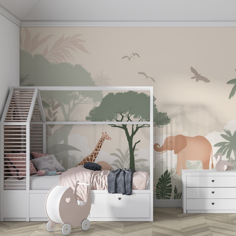Kids-Mundo safari giraffe and elephant wall mural brightening a playroom reading corner wall.