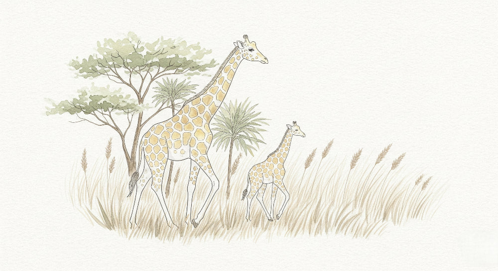 Detailed safari giraffe mural wallpaper design pattern showing savanna landscape by Kids-Mundo