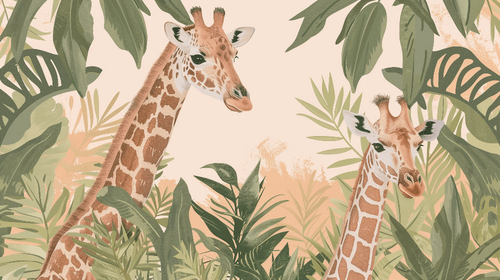 Detailed tropical safari giraffe mural wallpaper design pattern with lush jungle foliage by Kids-Mundo