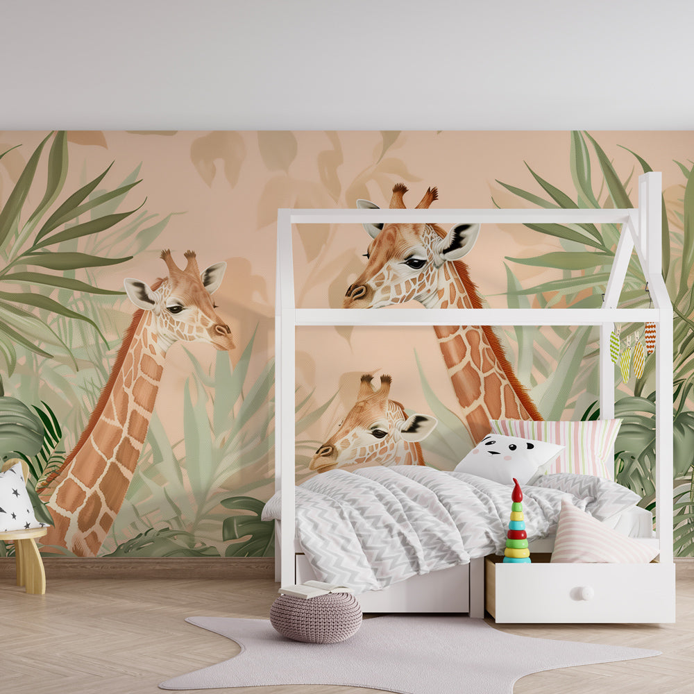 Elegant giraffe mural wallpaper with monstera leaves creating peaceful jungle themed kids room