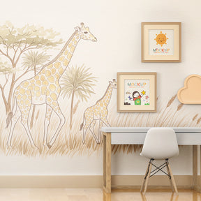 Nature-themed giraffe mural wallpaper transforming children's room into serene African savanna