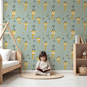 Safari giraffe mural wallpaper in modern nursery setting with natural wood crib by Kids-Mundo