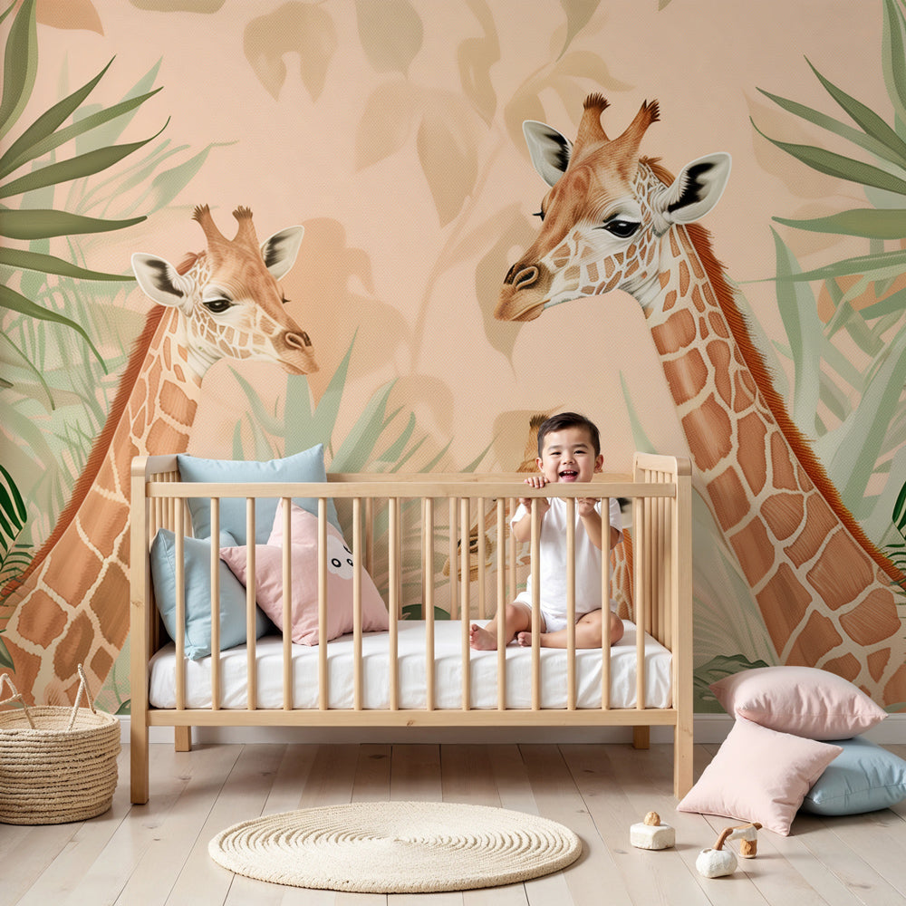 Safari giraffe mural wallpaper creating exotic jungle atmosphere in modern kids nursery by Kids-Mundo
