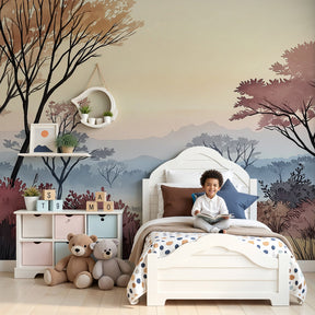 Safari giraffe mural wallpaper creating peaceful nursery decor with soft pastel colors by Kids-Mundo