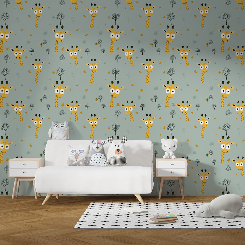 Safari themed giraffe mural wallpaper transforming kids playroom with gentle animal motifs