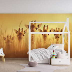 African safari mural wallpaper with giraffes transforming children's playroom space