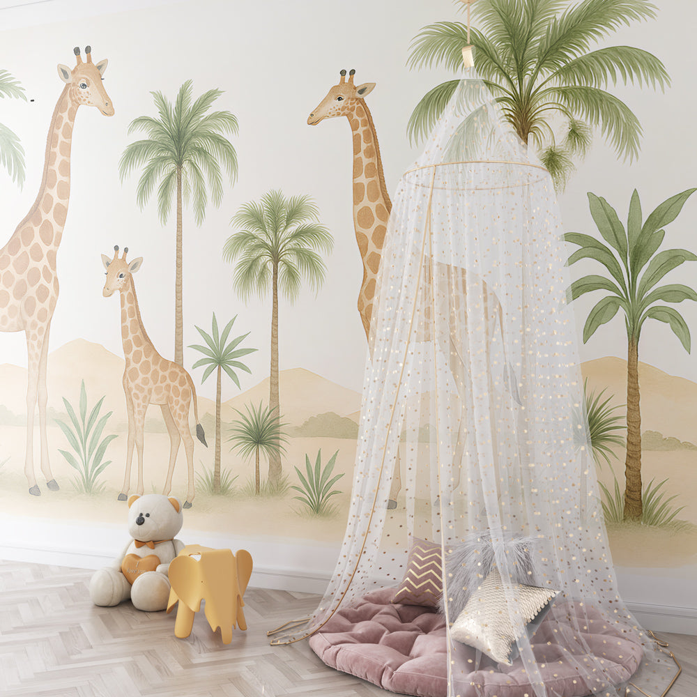 Majestic giraffe wallpaper with tropical palms creating adventure-themed kids playroom by Kids-Mundo