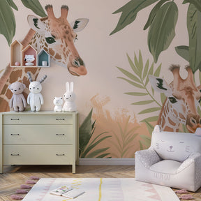 Jungle safari mural wallpaper with giraffes creating immersive playroom environment for kids