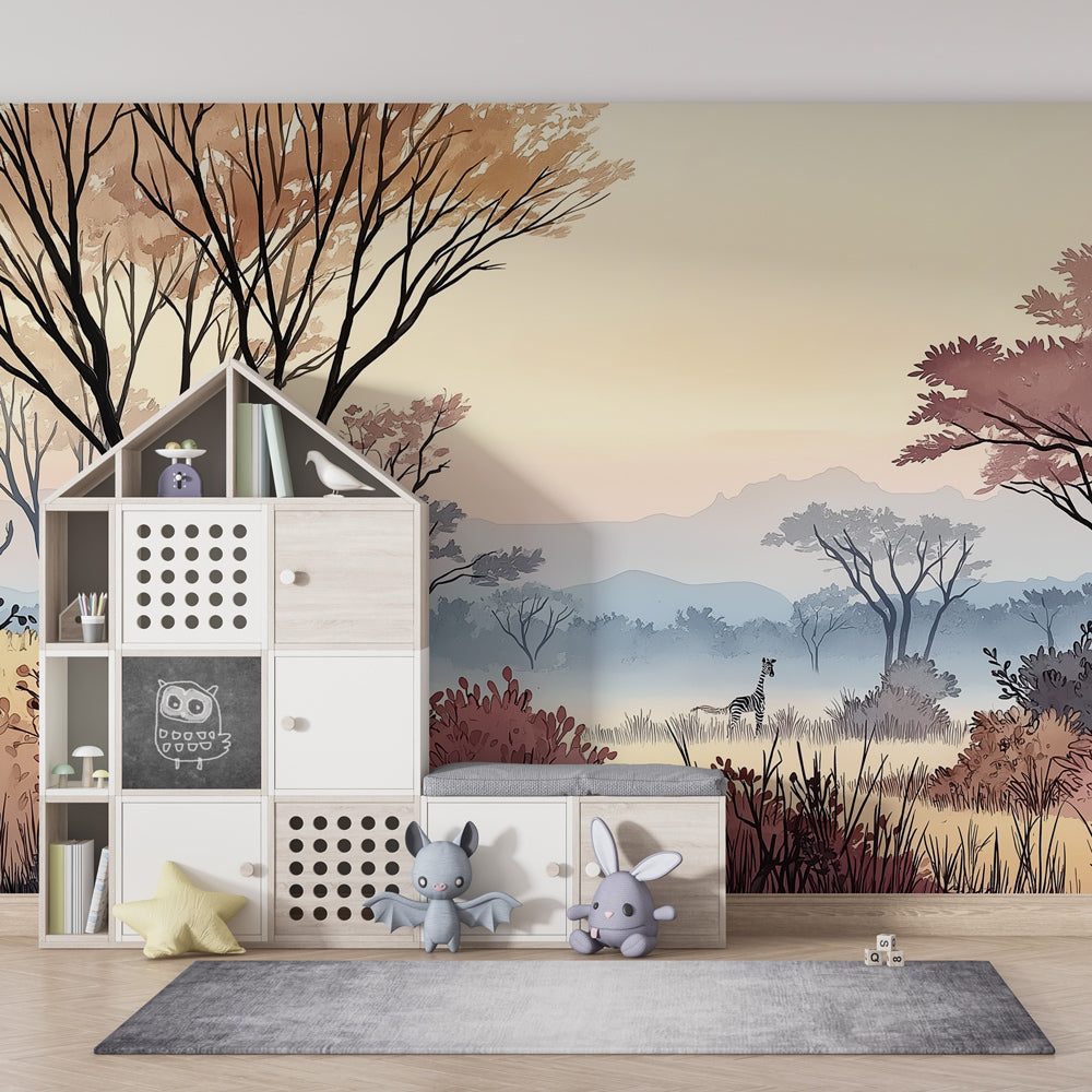 Toddler room showcasing peaceful safari mural wallpaper with giraffe and acacia trees by Kids-Mundo