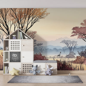 Toddler room showcasing peaceful safari mural wallpaper with giraffe and acacia trees by Kids-Mundo